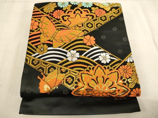 最新作，HOT 平和屋着物[]子供　西陣　全通柄袋帯　花蝶文　黒地　金糸　AABB5831ja 帯・兵児帯