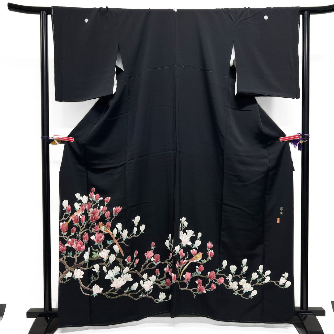 未着用 作家もの 黒留袖 刺繍 木蓮 椋鳥 五つ紋 比翼付き 着物 115 b d ms