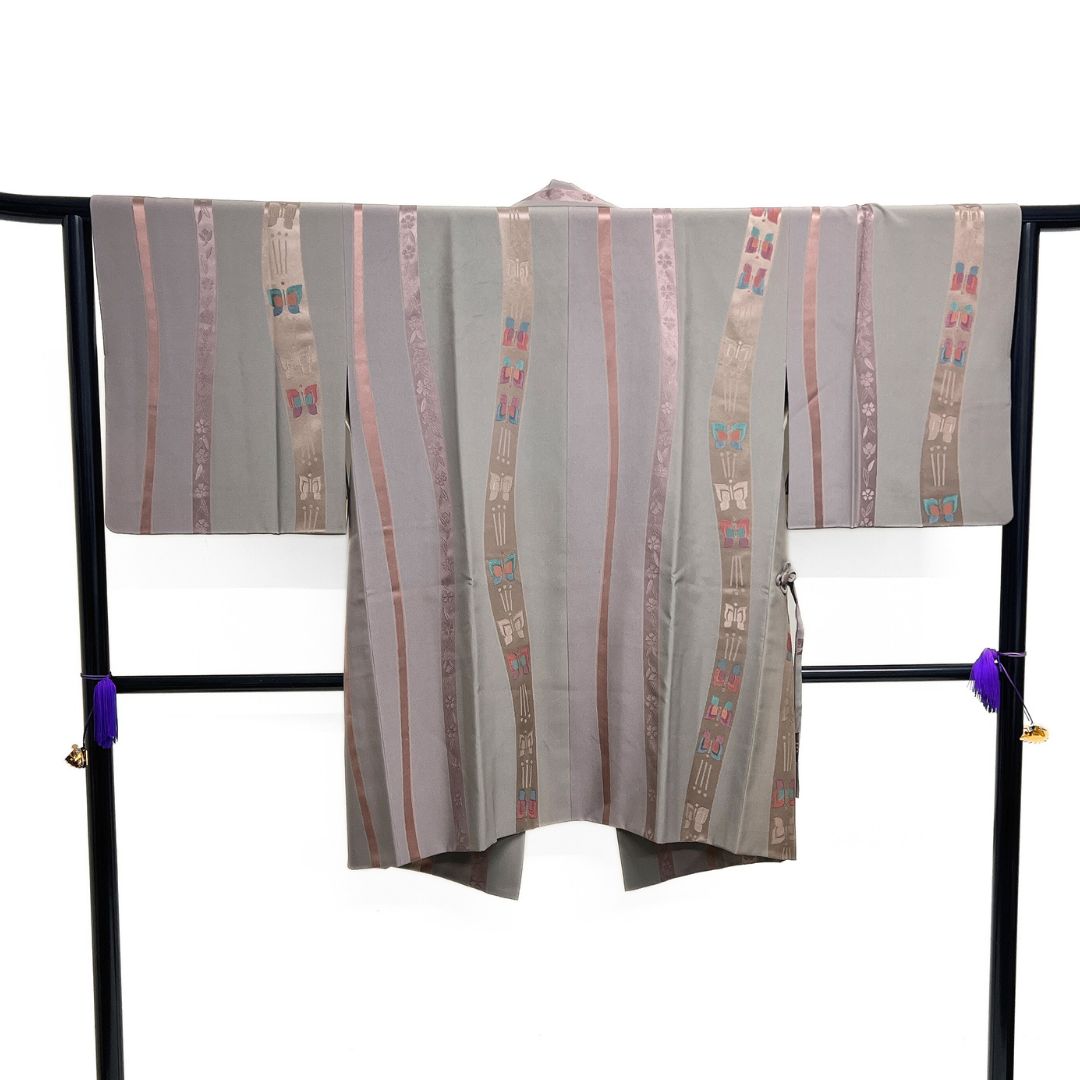 道中着 よろけ縞 蝶 縦縞 花模様 着物 115 b d ms