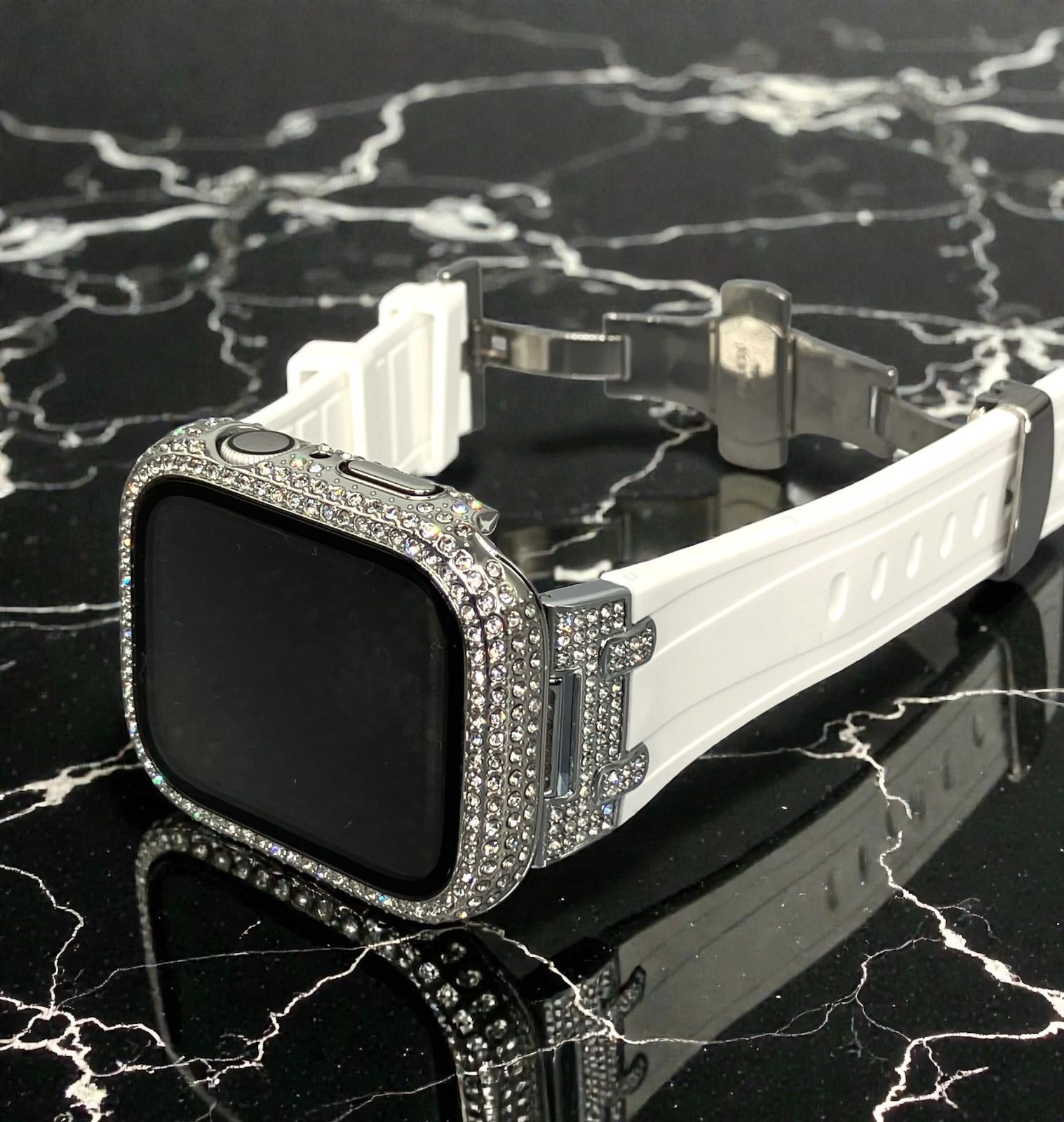 GimelZayinセット esb ホワイト シルバー アップルウォッチ ラバーベルト Apple Watch キラキラ ケース　カバー 38mm 40mm 41mm 42mm 44mm 45mm 46mm 49mm Apple Watch バンド