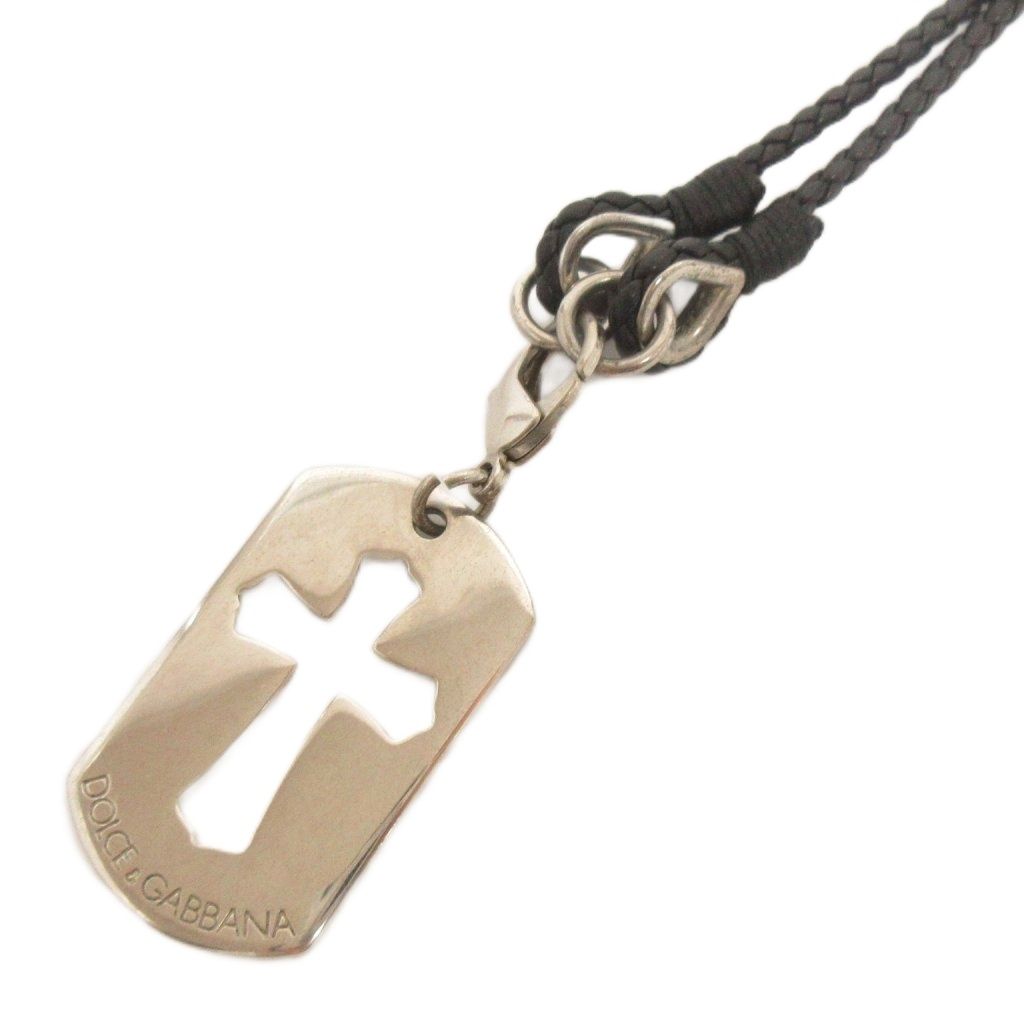 ドルチェ&ガッバーナ ドルガバ DOLCE&GABBANA ドックタグ クロスネックレス ペンダント 十字架 編み込み レザー シルバーカラー 黒 ブラック