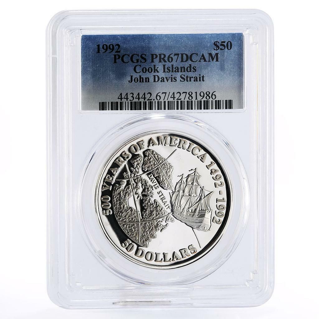 クック諸島 50ドル ジョン・デイビス海峡船 PR67 PCGS 銀貨 1992年