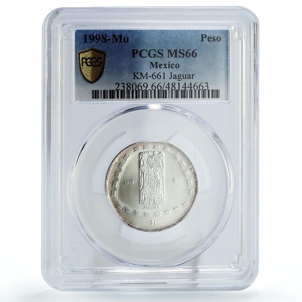メキシコ 1ペソ プレコロンビアン期 ジャガー彫刻 MS66 PCGS 銀貨 1998
