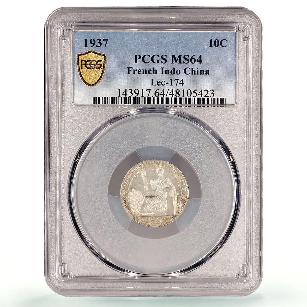 フランス フランス領インドシナ 10セント 自由の女神像 KM 16 2 MS 64 PCGS 銀貨 1937年