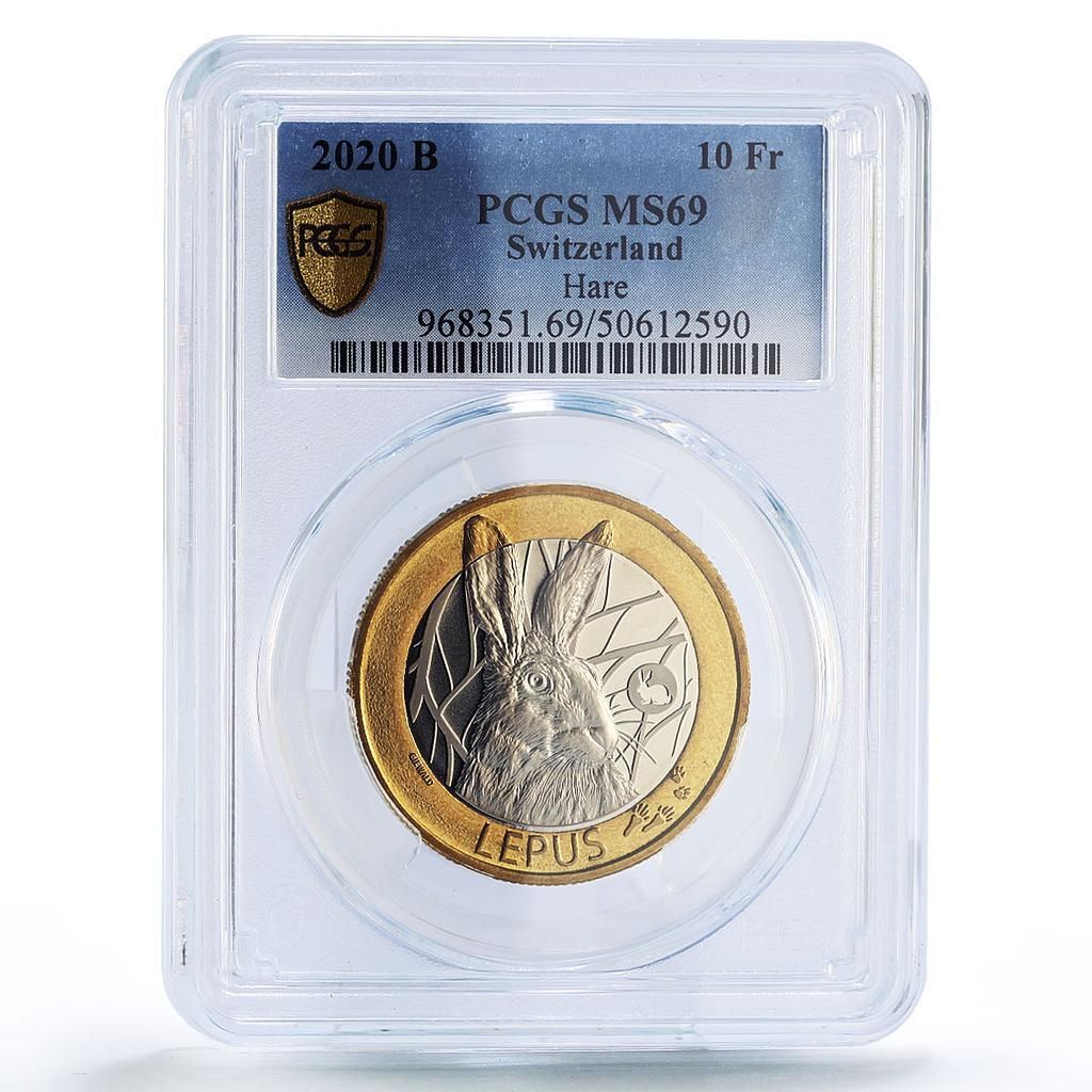 スイス 10フラン 野ウサギ 動物 動物相 MS 69 PCGS バイメタルコイン 2020