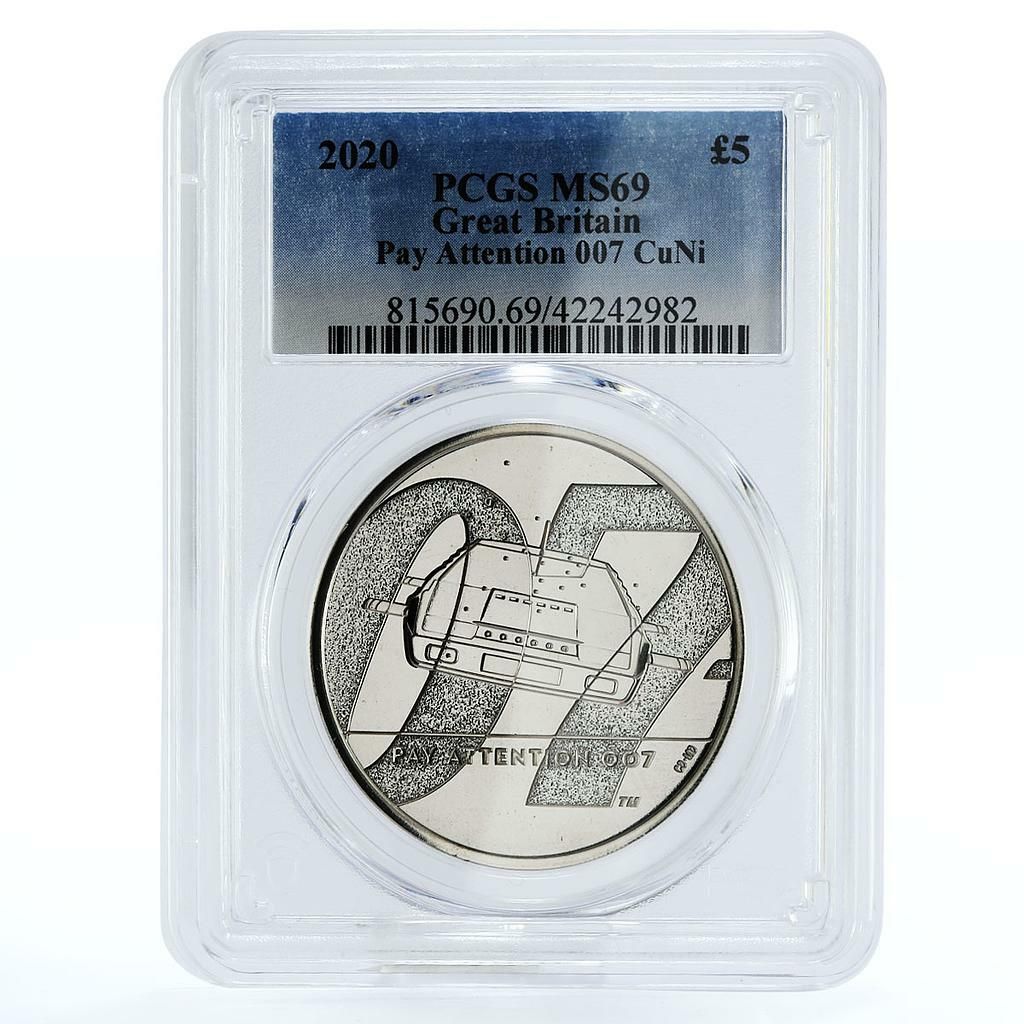 英国 5ポンド ボンディアナシリーズ ペイ アテンション 007 MS 69 PCGS CuNi コイン 2020
