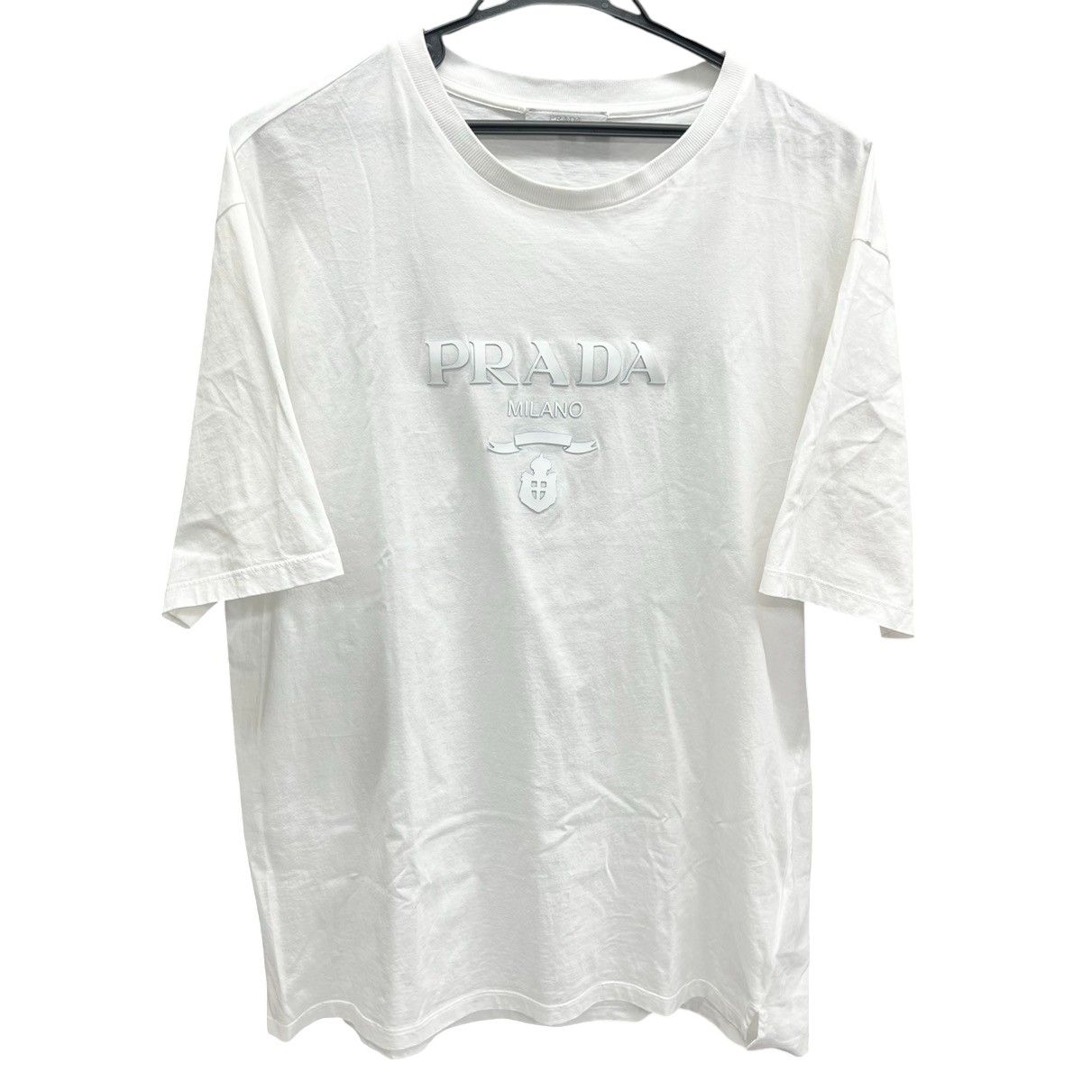 PRADA プラダ コットン Tシャツ ジャージーTシャツ シリコンロゴ UJN815 コットン ホワイト ブルー プレートロゴ カットソー トップス 半袖 ABランク 鑑定済 プラダTシャツ
