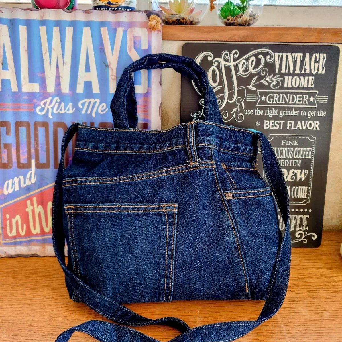 137☆USEDダークデニムリメイク☆ショルダーバッグ☆トートバッグ