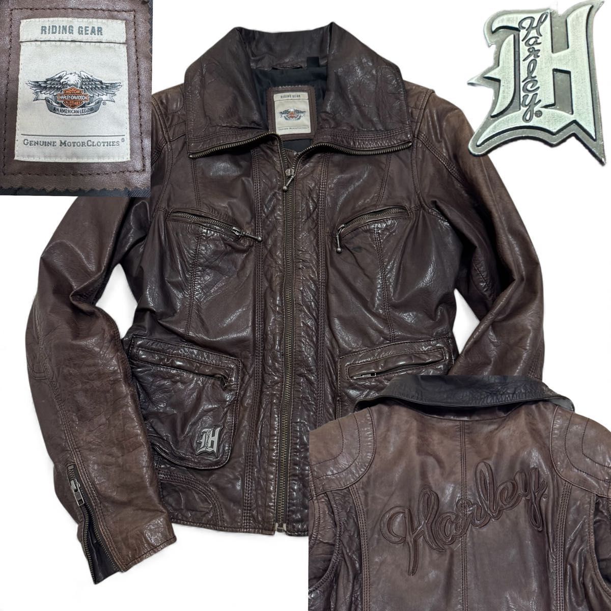 【羊革】ハーレーダビッドソン レザー ライダースジャケット 黒 L 刺繍 羊革】ハーレーダビッドソン レザー ライダースジャケット 黒 L 刺繍