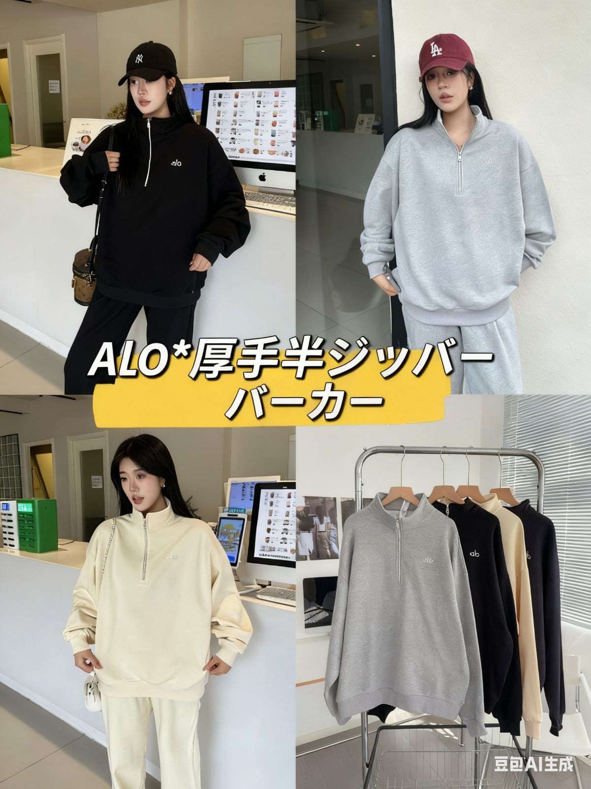 厚手半ジッパーパーカー グレー ホワイト