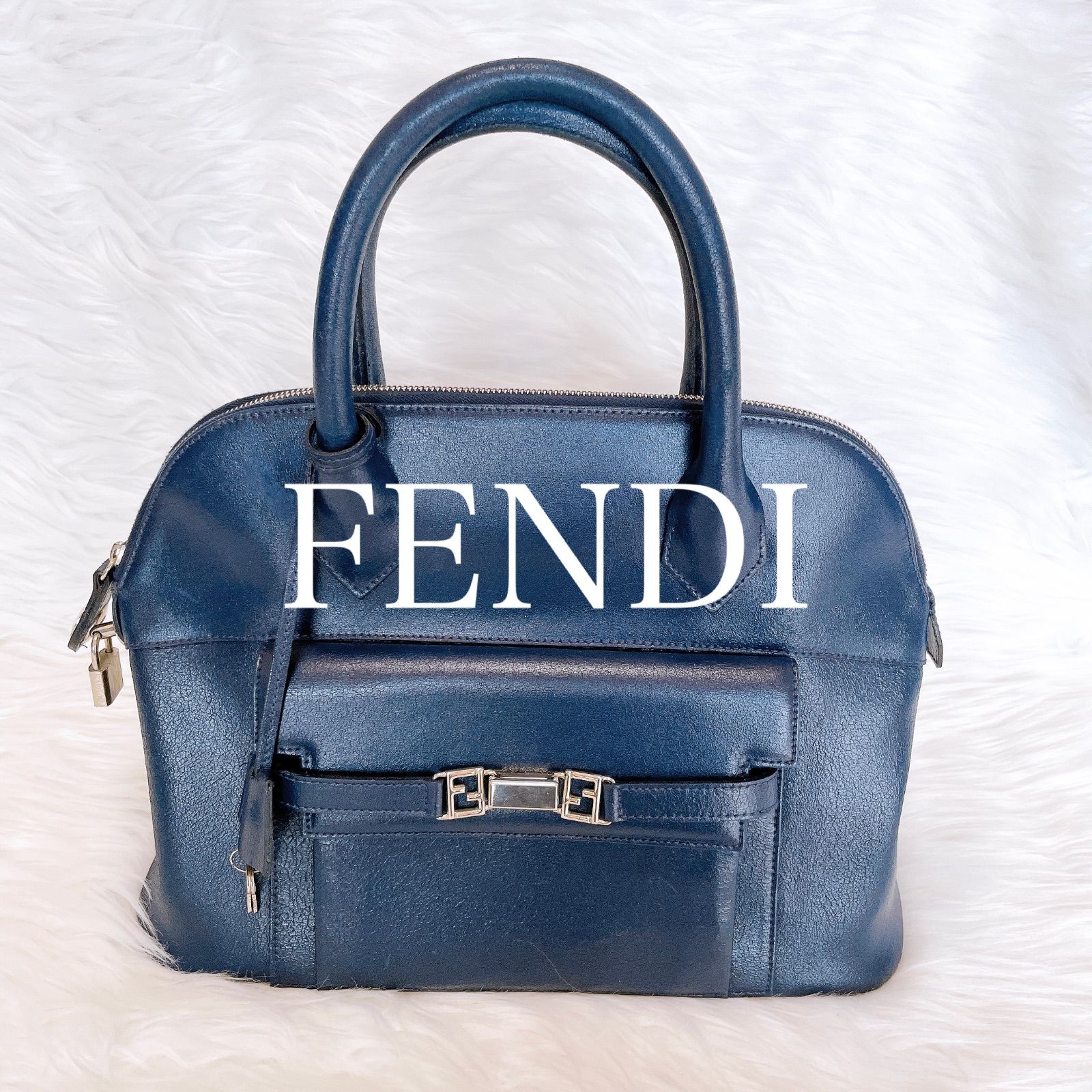 フェンディ 2way FF金具 レザー パドロック 南京錠 鍵付き ネイビー