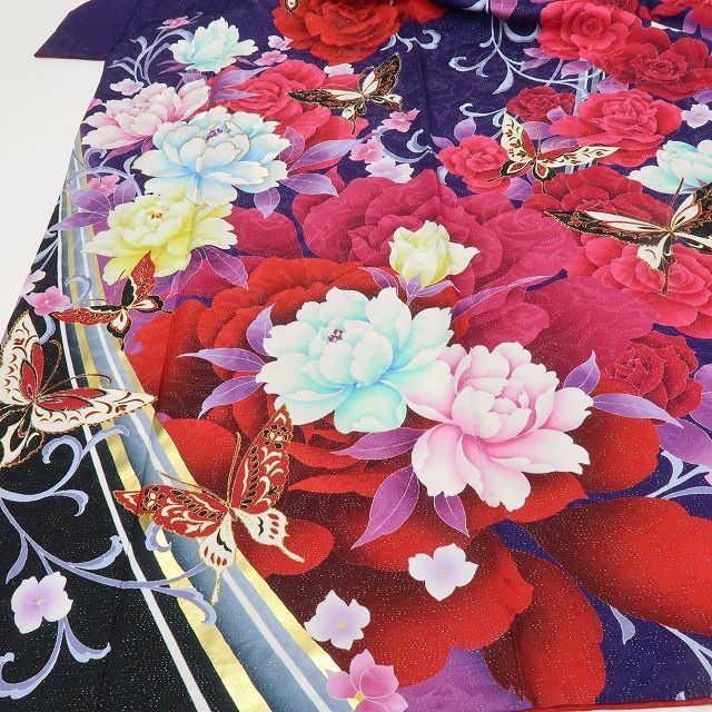 六花-RIKKA- 正絹 銀通し ラメ 薔薇 蝶 トールサイズ 振袖 着物 A 4053