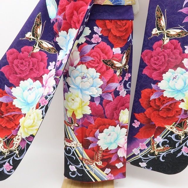  六花 RIKKA 正絹 銀通し ラメ 薔薇 蝶 トールサイズ 振袖 着物 A 4053 振袖 着物