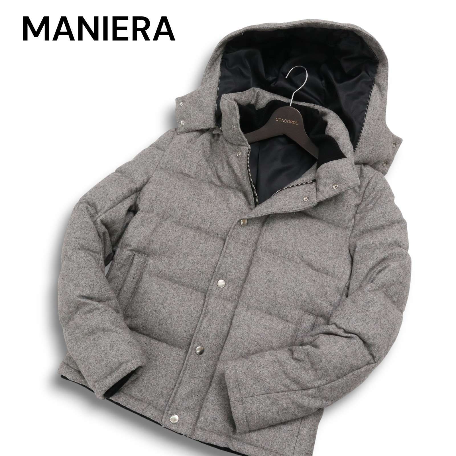 MANIERA マニエラ 秋冬 ウール混 ツイード フーディー ダウン ジャケット  Sz.1 メンズ 灰 グレー
