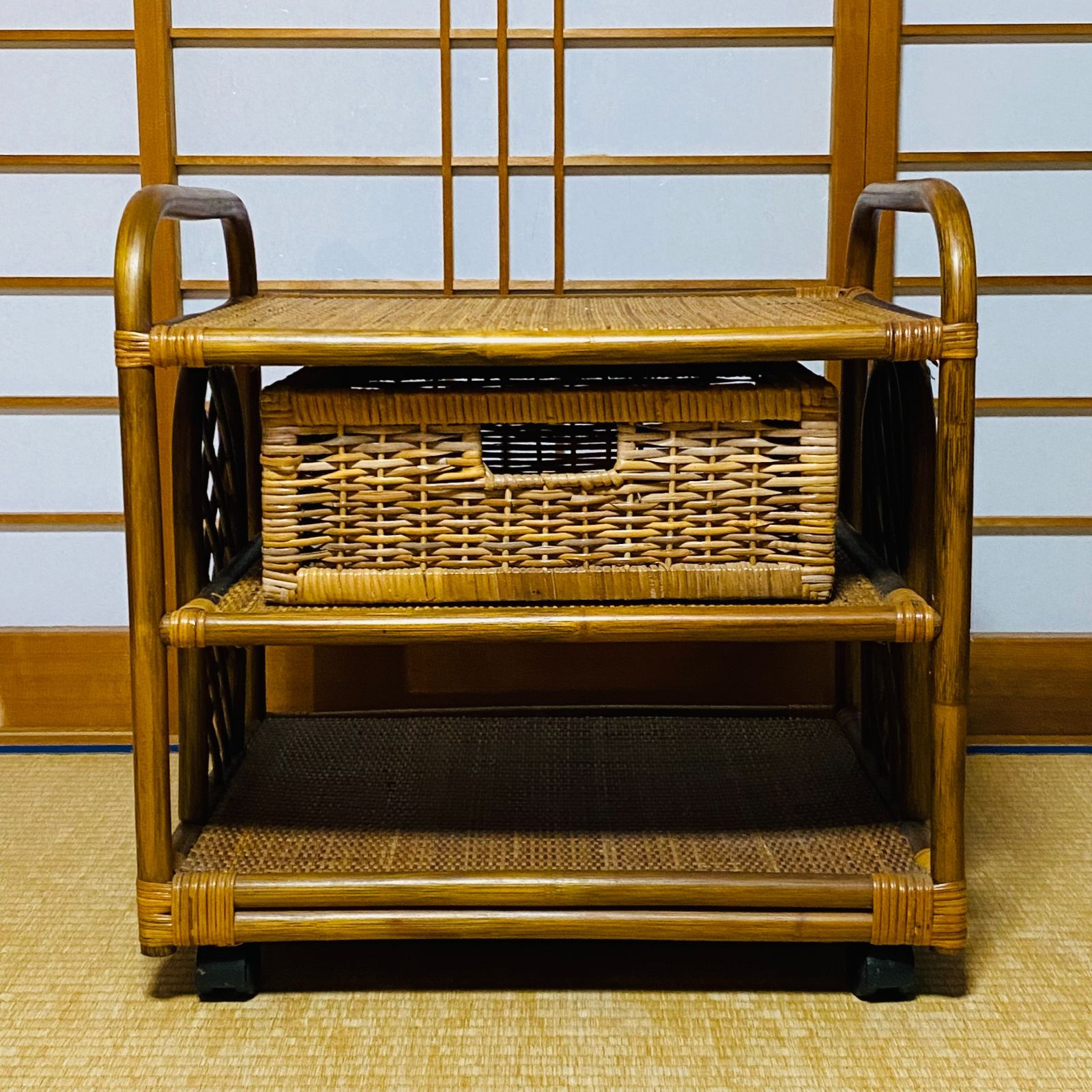 ラタン 籐 ラック 3段 籠 キャスター W54cm D44.5cm H54cm 送料込み