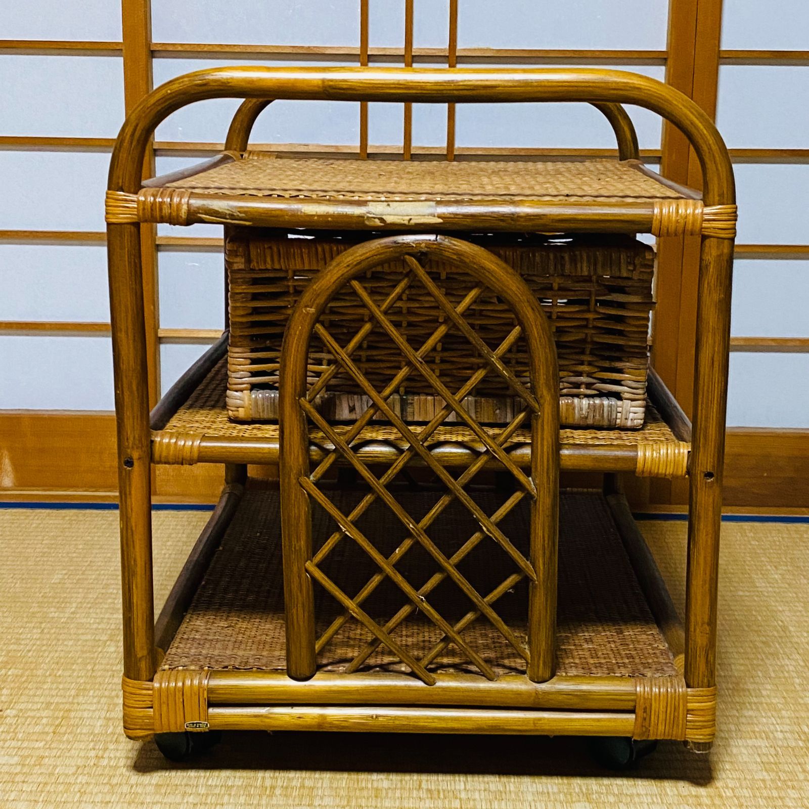 ラタン 籐 ラック 3段 籠 キャスター W54cm D44.5cm H54cm 送料込み