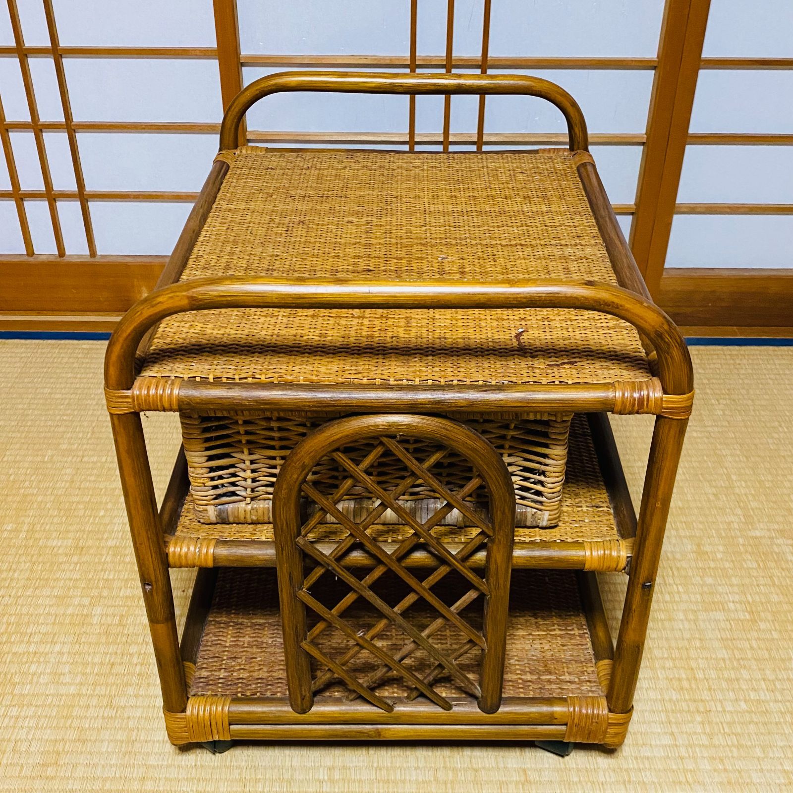 ラタン 籐 ラック 3段 籠 キャスター W54cm D44.5cm H54cm 送料込み