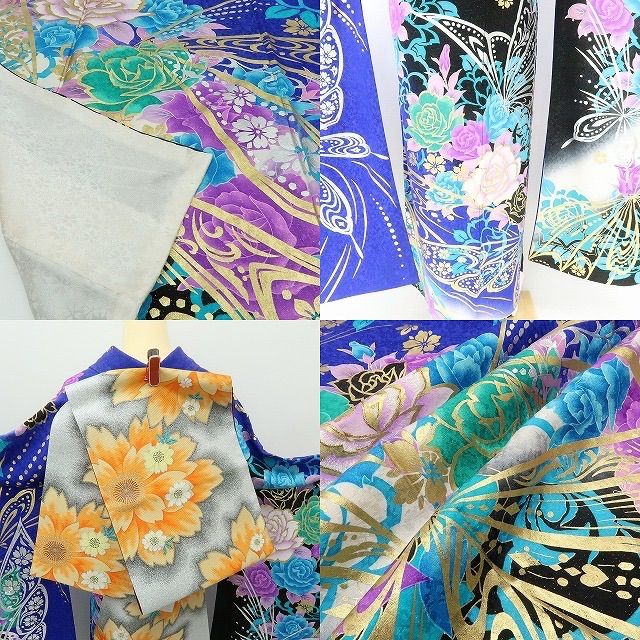  六花 RIKKA 薔薇 蝶 銀通し 着物 成人式 正絹 振袖 A 4055 振袖 着物