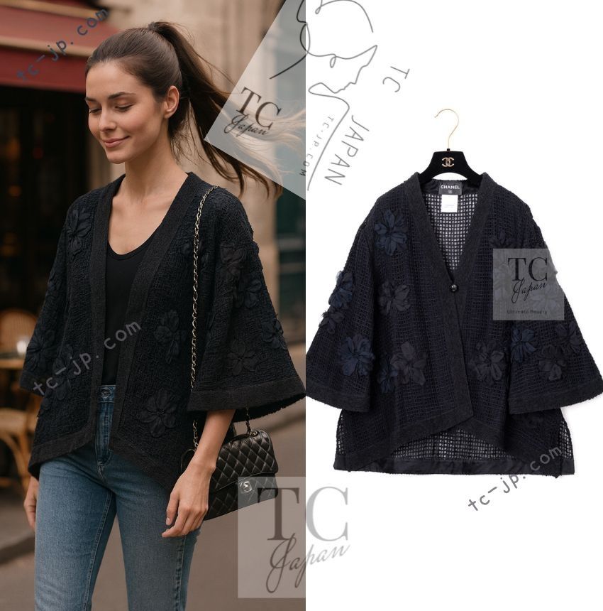 シャネル カーディガン ジャケット CHANEL ブラック フローラル 装飾 ココボタン カール ラガーフェルド 79万 超 38 40 42
