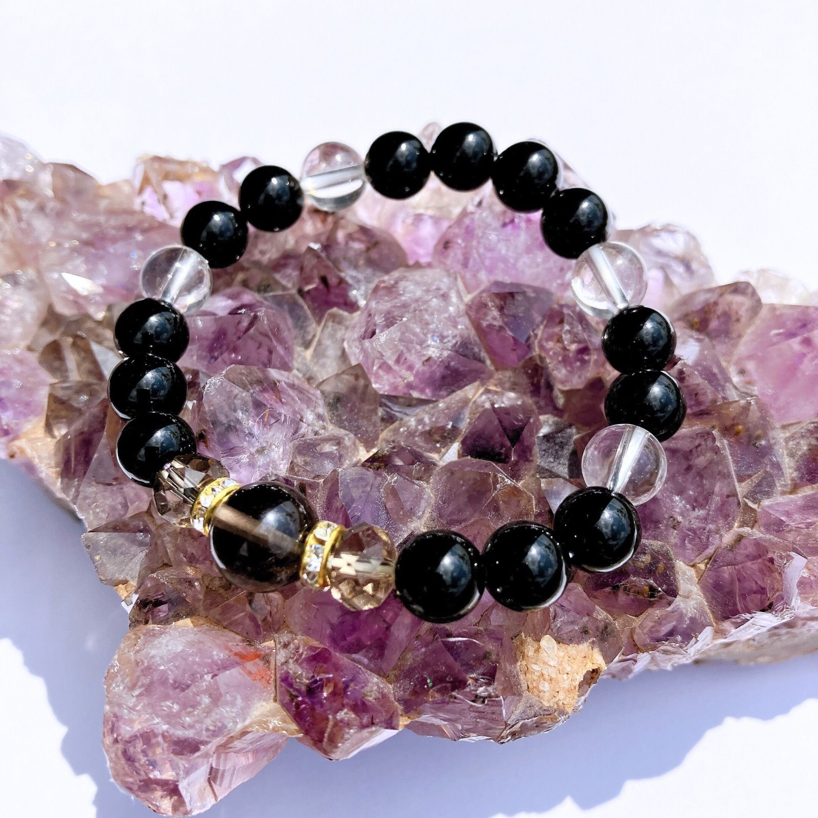 三種の水晶パワーストーンブレスレット 占い師ミミドルジェの創る石の環 黒水晶 モリオン 占い スモーキークォーツ 水晶