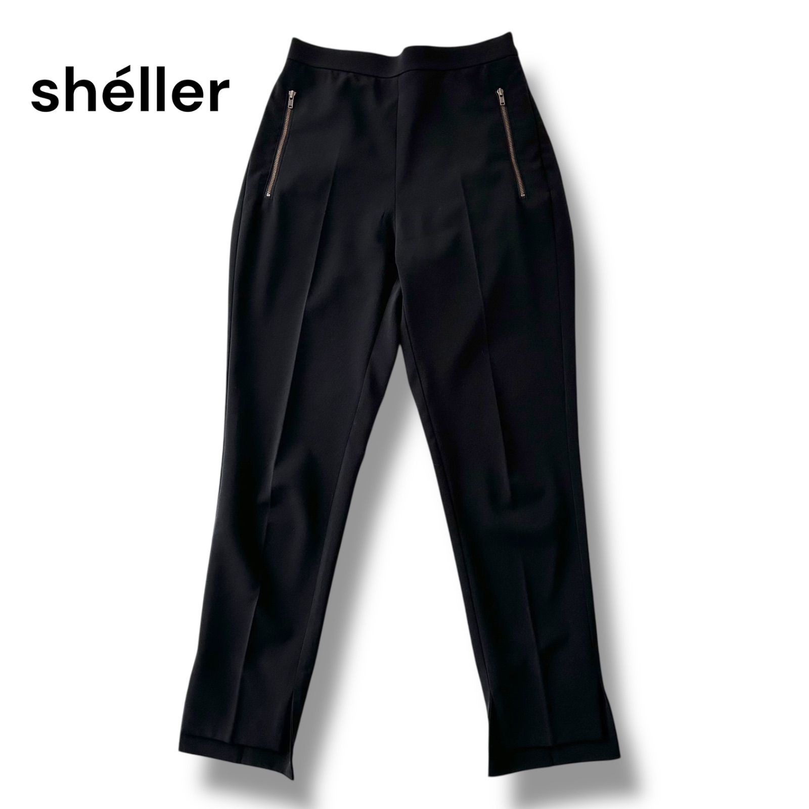 shéller シェリエ 裾スリット テーパードパンツ ブラック S ストレッチ素材