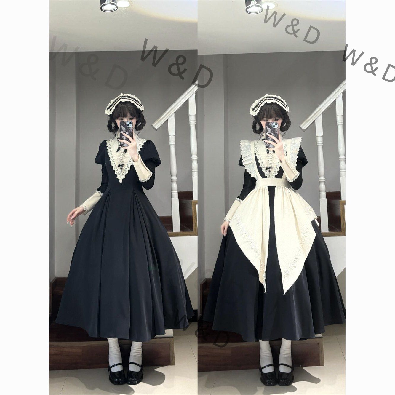 ダークロリータ ブラック ロングドレス シスターコンセプト レース メイドエプロン パフスカート セットアップ ゴシック フォーマル パーティー 闇が紡ぐゴシックな幻想 レースとエプロンが奏でるダークロリータの叙情詩