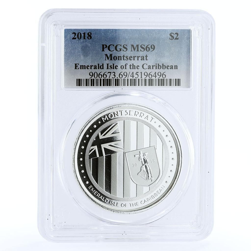 モントセラト 2ドル カリブ海 エメラルド アイル 紋章 MS69 PCGS 銀貨