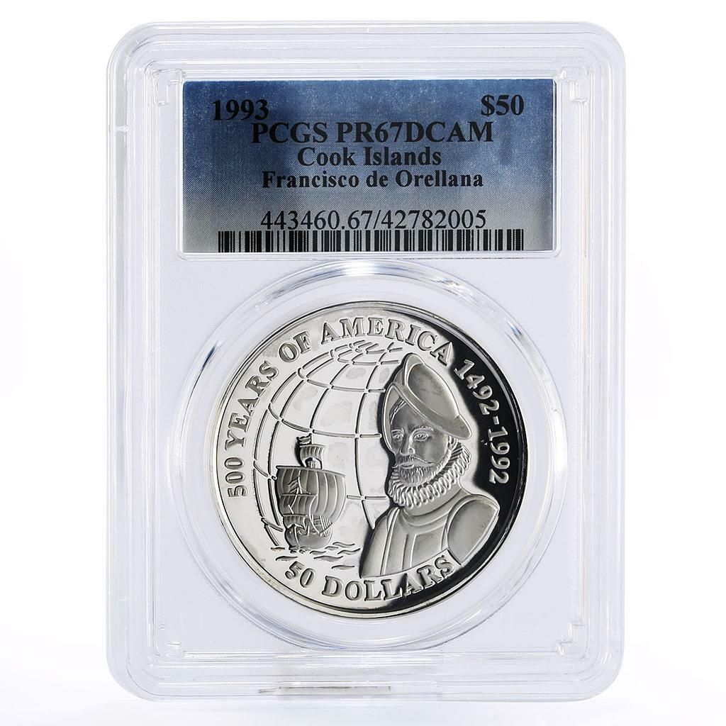 クック諸島 50ドル フランシスコ・デ・オレリャーナ船 PR67 PCGS 銀貨