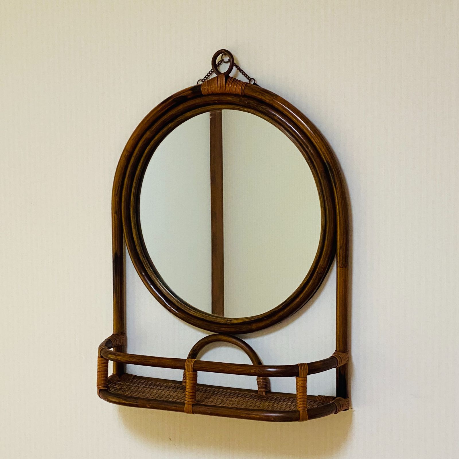 ラタン 籐 鏡 円形 棚付 壁掛け W 50.5 D 16 H 66.5 直径39.5 み フォロー割 クーポンご利用 き交渉