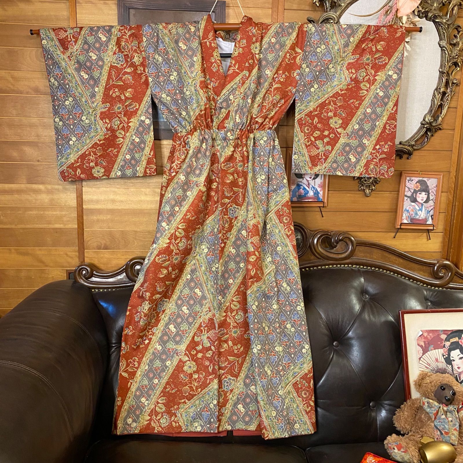 着物リメイク ロングワンピース ドレス 洗える 化繊 名古屋帯サッシュ