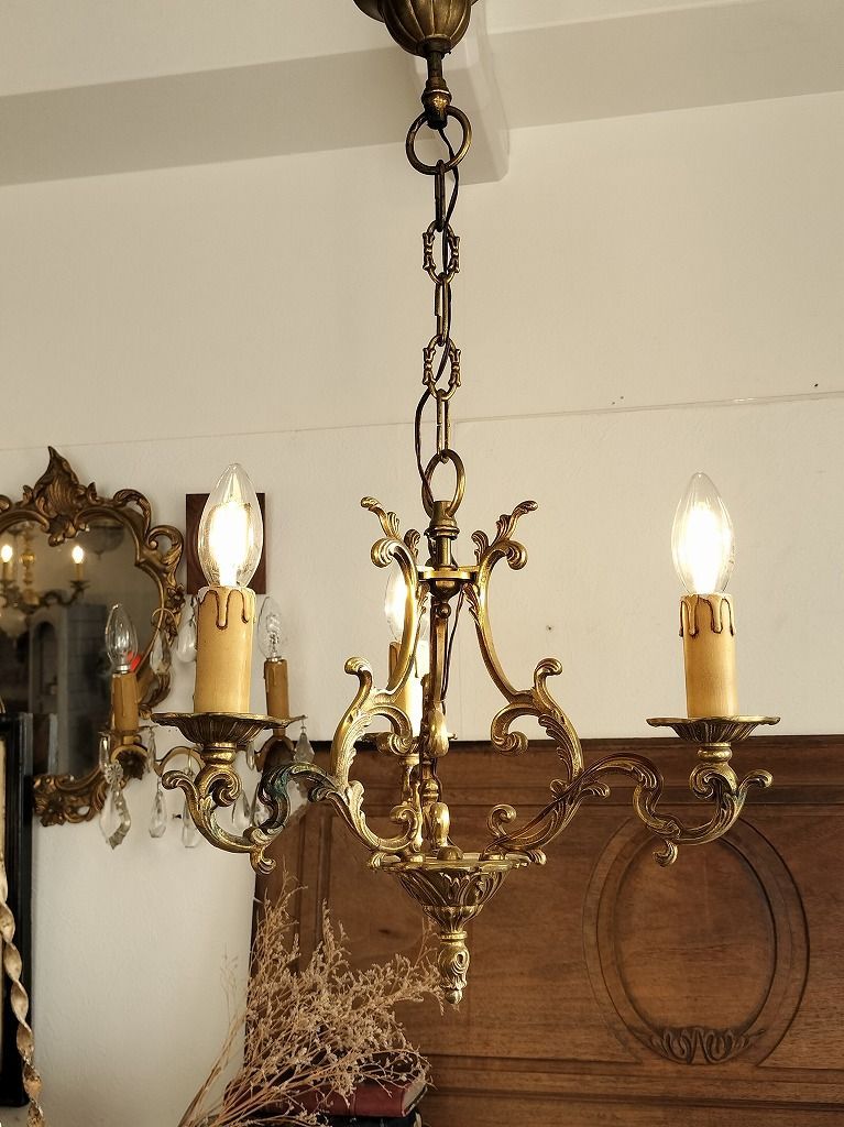 フランス アンティーク ブロンズ ケージ 装飾 シャンデリア 3灯 照明