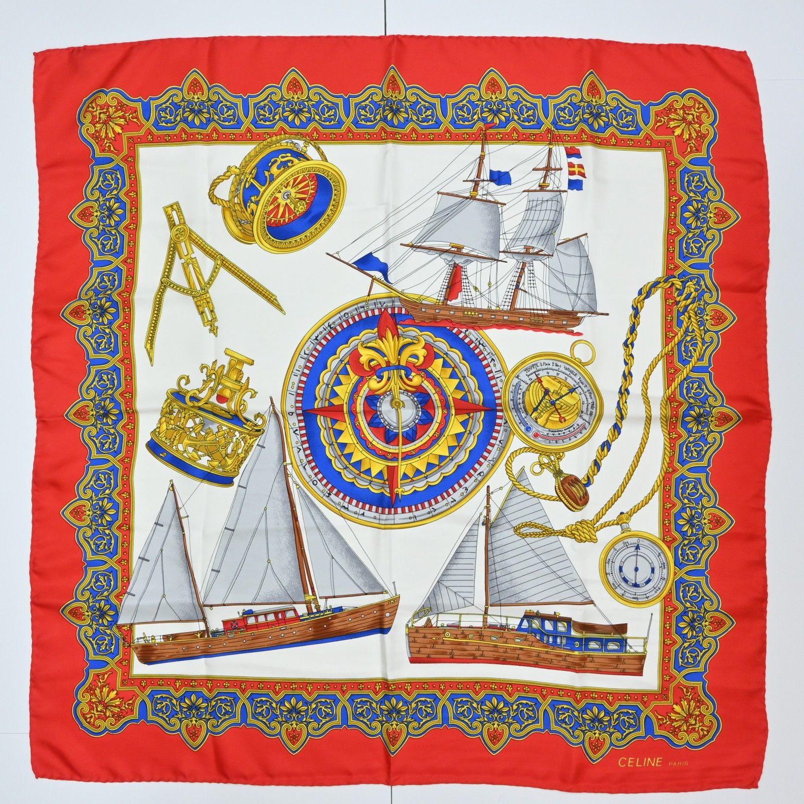 セリーヌ スカーフ 帆船 航海 レッド Aランク ce 9904 gg