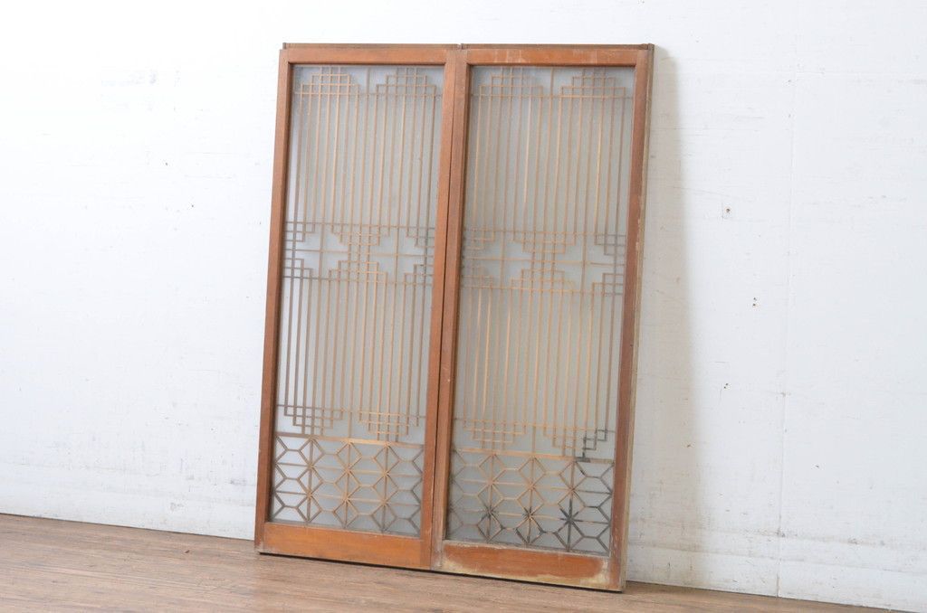 現状販売 書院戸 セット アンティーク建具 両面ガラスの組子入り 窓 ガラス戸 引き戸 4～7営業日前後で発送 修理加工希望の方3ヶ月程で発送 R 065050