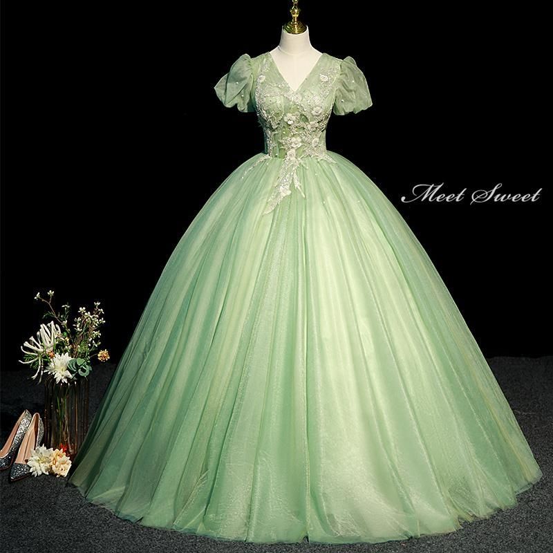 カラードレス 編み上げ グリーン 半袖 緑 ステージドレス ロングドレス 結婚式 二次会 発表会 演奏会 ウェディングドレス ウエディングドレス プリンセスドレス イブニングドレス コンサート コンクール パーティードレス ブライダル 花嫁 披露宴