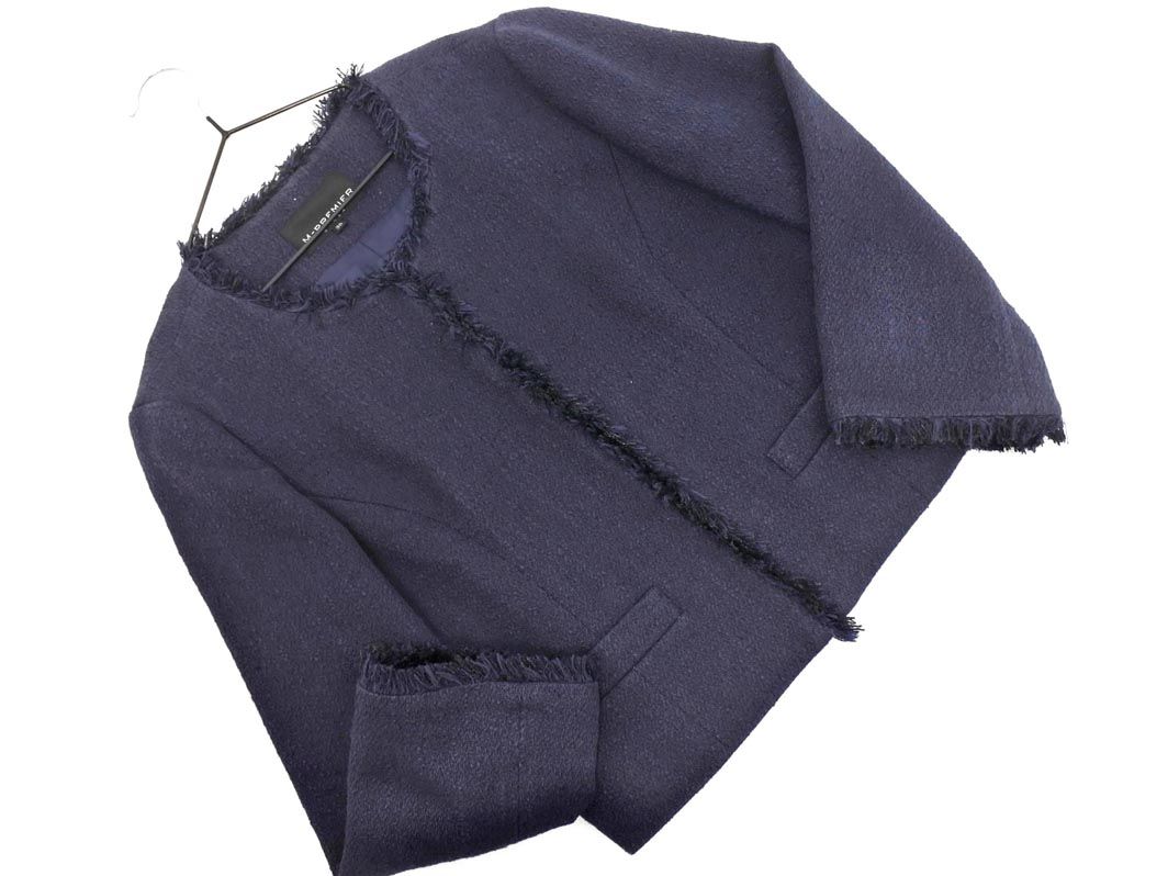 【未使用】エムプルミエのジャケット M-PREMIER エムプルミエ ツイード ノーカラー ジャケット size36/紺