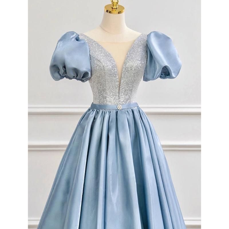 カラードレス 編み上げ ブルー パフスリーブ ステージドレス ロングドレス 結婚式 二次会 発表会 演奏会 ウェディングドレス ウエディングドレス Aラインドレス イブニングドレス コンサート コンクール パーティードレス ブライダル 花嫁 披露宴