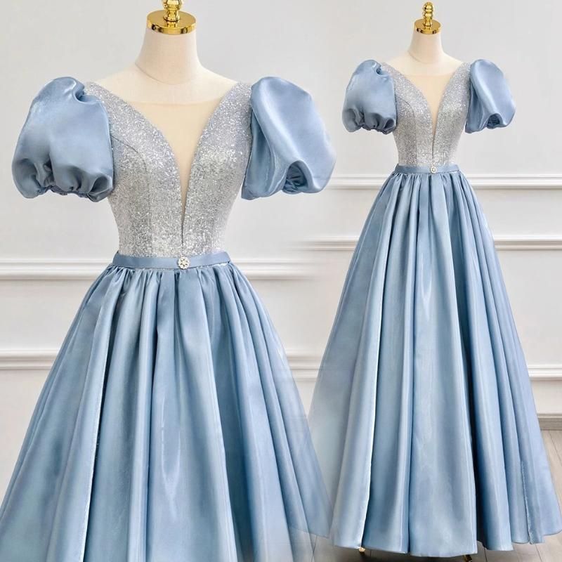 カラードレス 編み上げ ブルー パフスリーブ ステージドレス ロングドレス 結婚式 二次会 発表会 演奏会 ウェディングドレス ウエディングドレス Aラインドレス イブニングドレス コンサート コンクール パーティードレス ブライダル 花嫁 披露宴