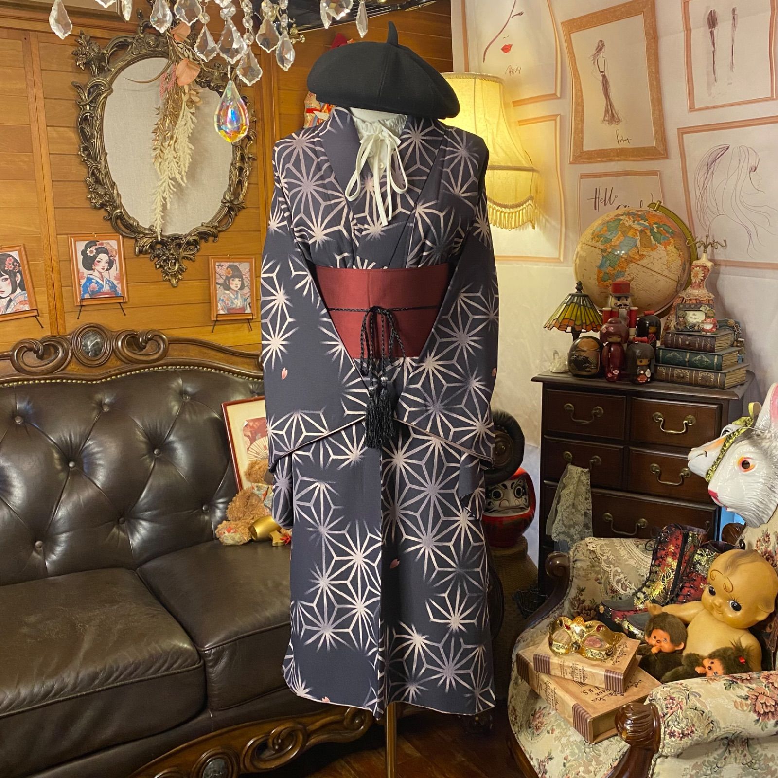 着物リメイク ワンピース ドレス 洗える 化繊 帯サッシュベルト 和洋折衷 レトロ 古着 ハンドメイド 黒と濃紺に浮かぶ 光の麻の葉 グラデーション KW-1076