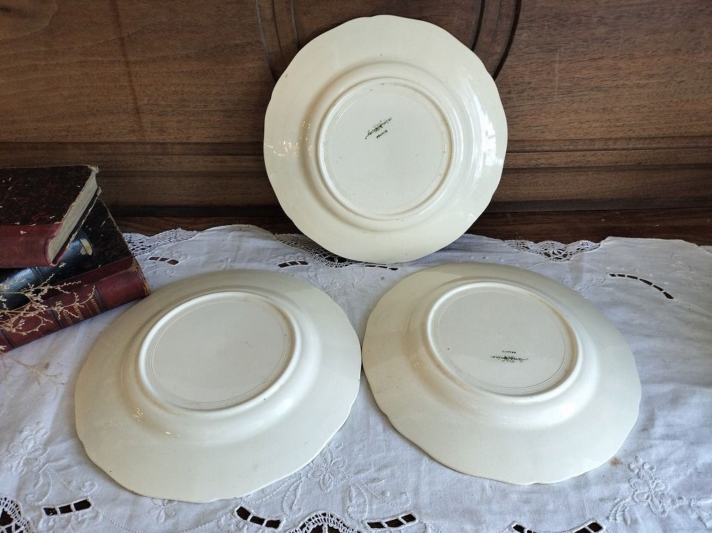 フランス アンティーク 花リム 皿 3枚セット サルグミンヌ 美品 22.5