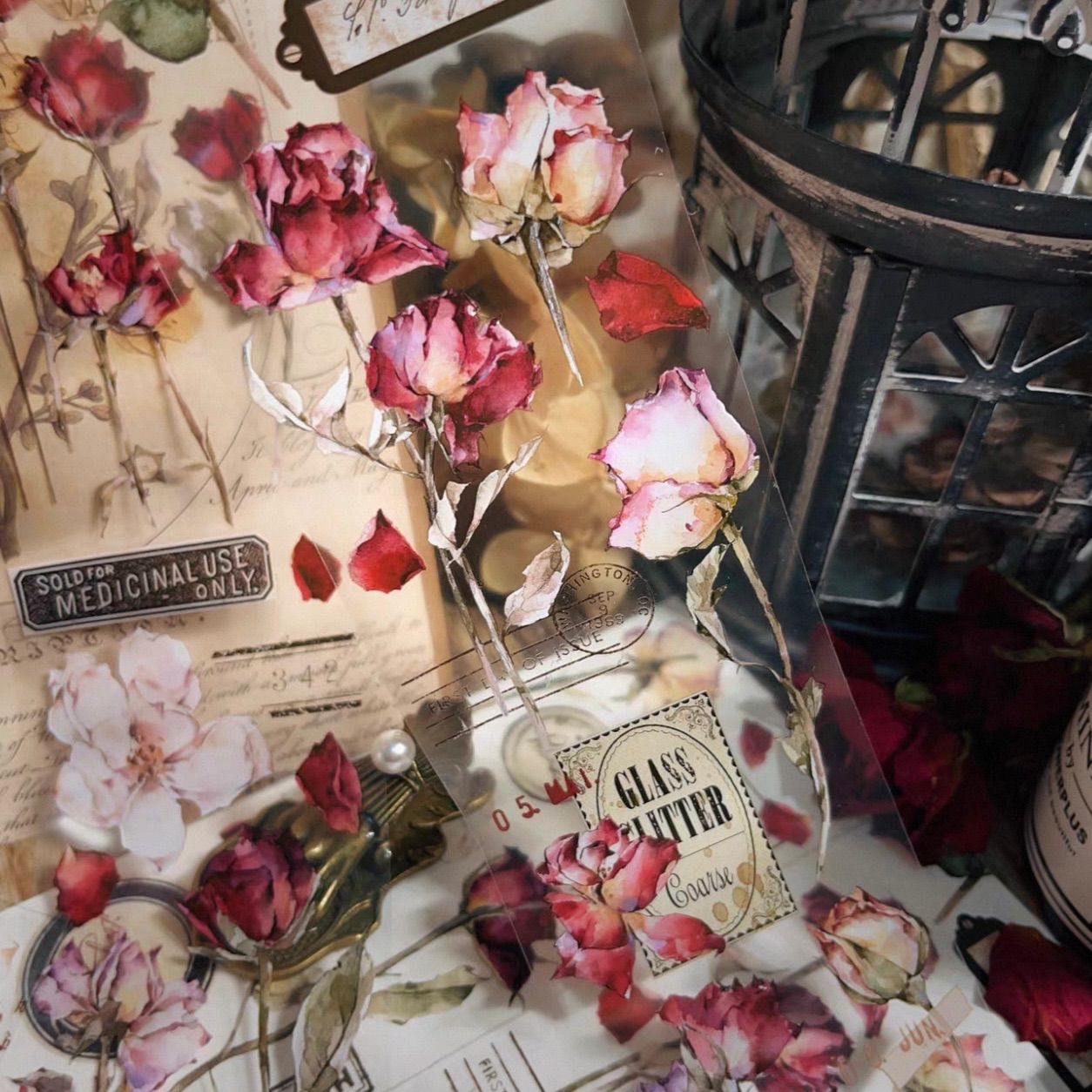 PET 古红 6.5cm×6m 200cm/loop 海外マスキングテープ 海外マステ 花