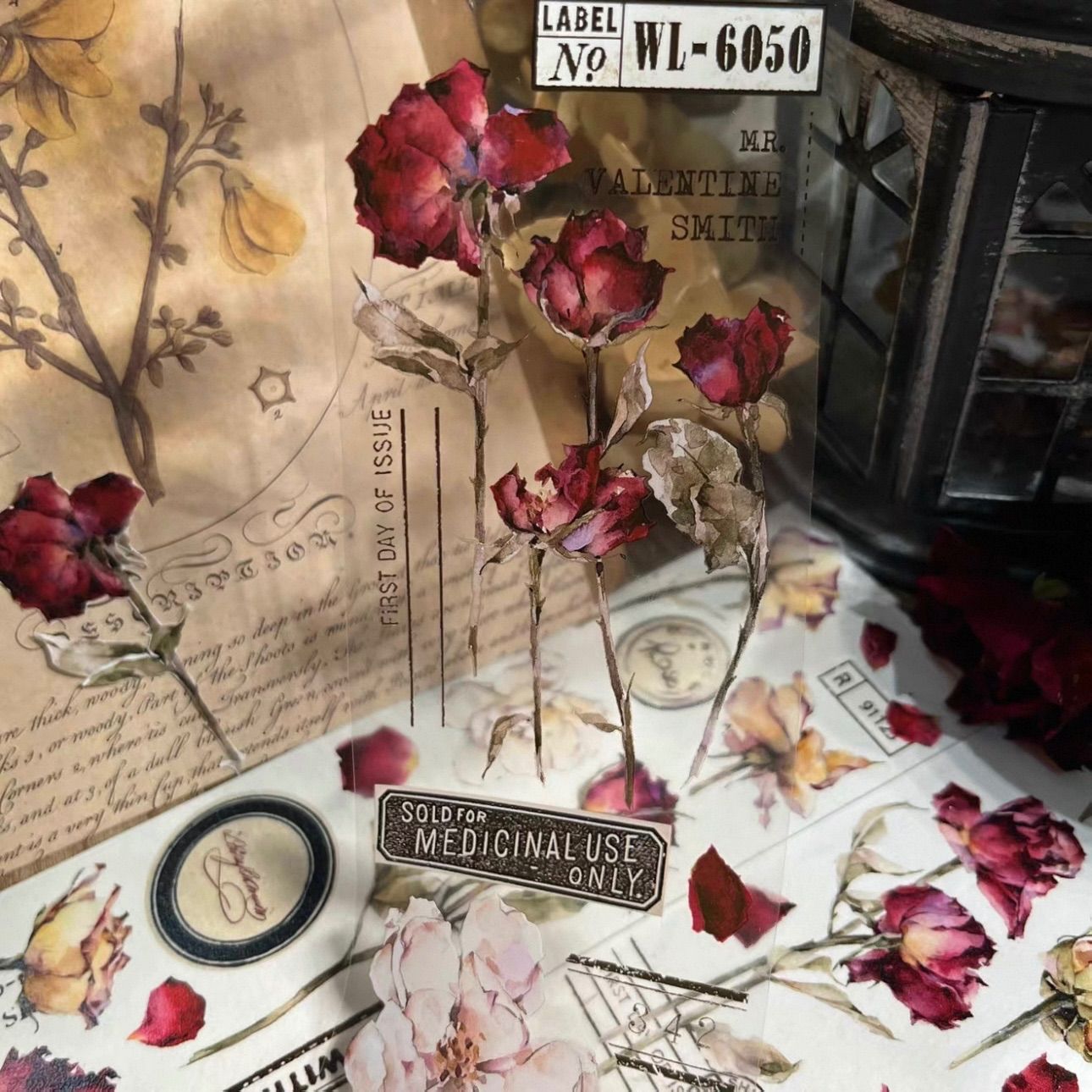 PET 古红 6.5cm×6m 200cm/loop 海外マスキングテープ 海外マステ 花