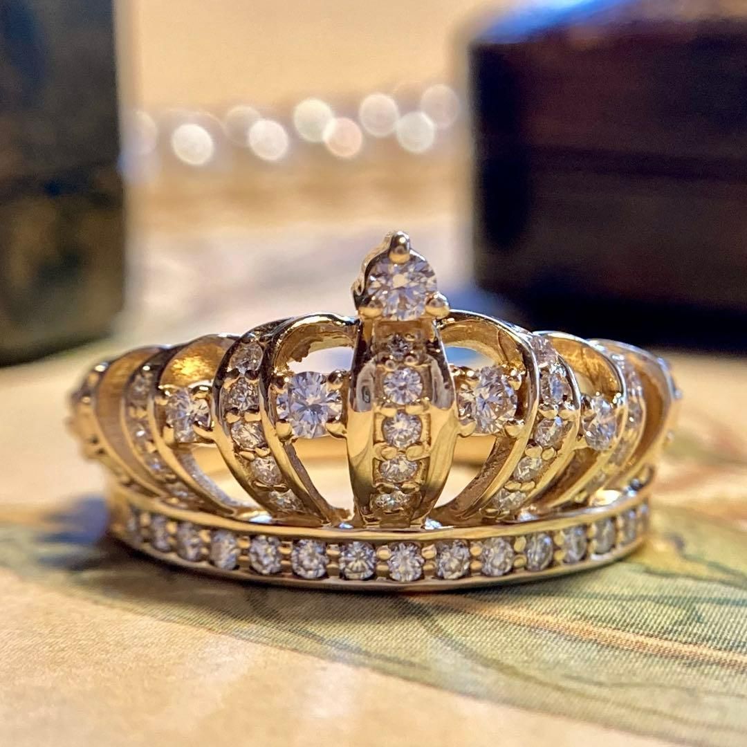 k18 ユキザキ 王冠 クラウン 重厚な作り 天然ダイヤモンド 指輪 リング