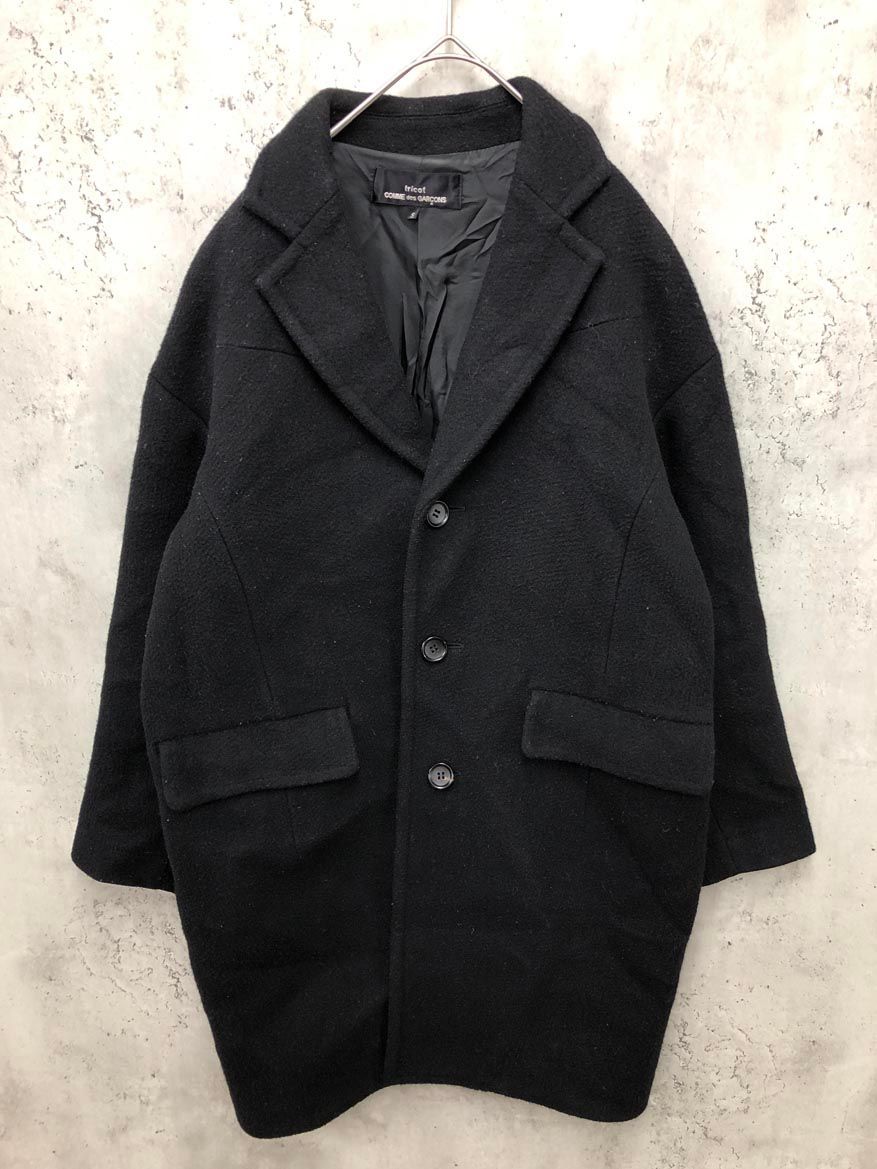 【トリココムデギャルソン】コート　ツイード　丸襟　厚手 Mサイズ 黒 コムデギャルソン トリコ黒 ロングコートM