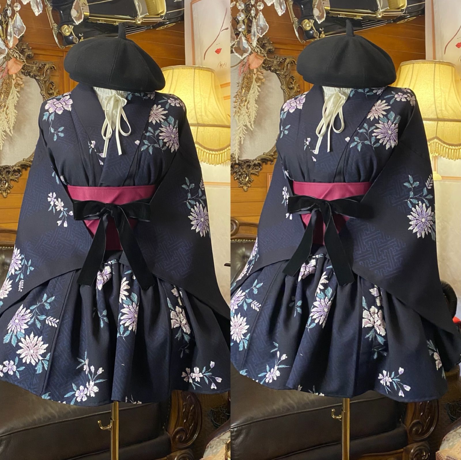 着物 ミニ丈 ワンピース ドレス 和ロリ 2部式作り帯 名古屋帯 リメイク 和洋折衷 洗える 化繊 ハンドメイド レトロ 古着 単衣 夜のロンド ─ 闇夜に咲き誇る MKW-56