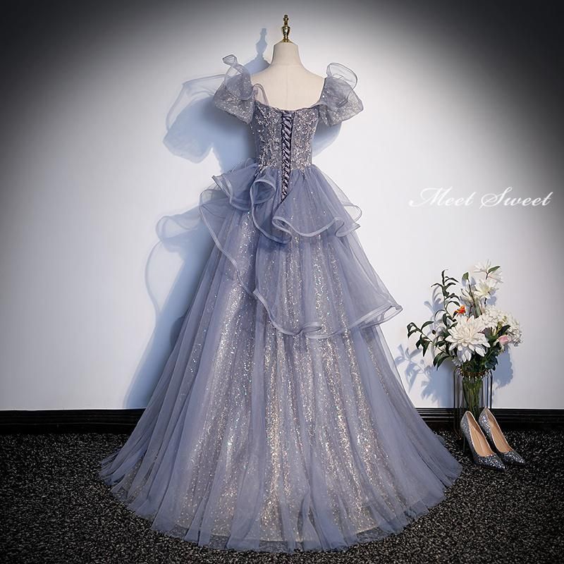 カラードレス 編み上げ パフスリーブ フリル ステージドレス ロングドレス 結婚式 二次会 発表会 演奏会 ウェディングドレス ウエディングドレス Aラインドレス イブニングドレス コンサート コンクール パーティードレス ブライダル 花嫁 披露宴