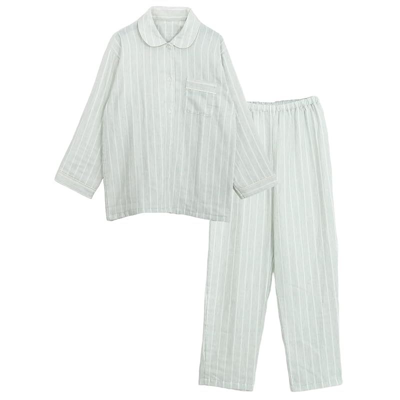 カイタックファミリー Suimin Care 日本製 レディース ボタニカル 3重ガーゼ パジャマ 綿100％ 長袖 ストライプ柄 春 秋 冬 S M L LL 3 グリーン ストライプ