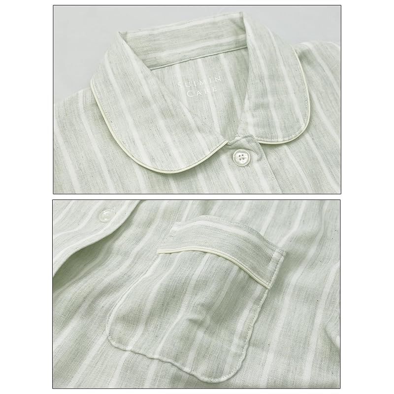 カイタックファミリー Suimin Care 日本製 レディース ボタニカル 3重ガーゼ パジャマ 綿100％ 長袖 ストライプ柄 春 秋 冬 S M L LL 3 グリーン ストライプ