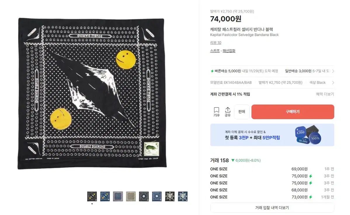 KAPITAL pt.1 The Past Ver. COLOR セルビッジ バンダナ ブラック