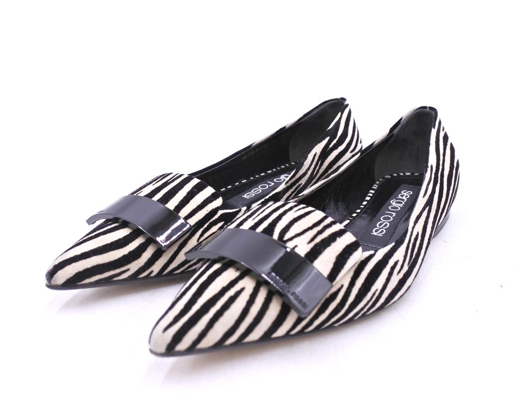 Sergio Rossi セルジオロッシ スウェード ゼブラ柄 ポインテッドトゥ フラット パンプス size 3 22 cm 5|黒ｘライトグレー ◎レディース