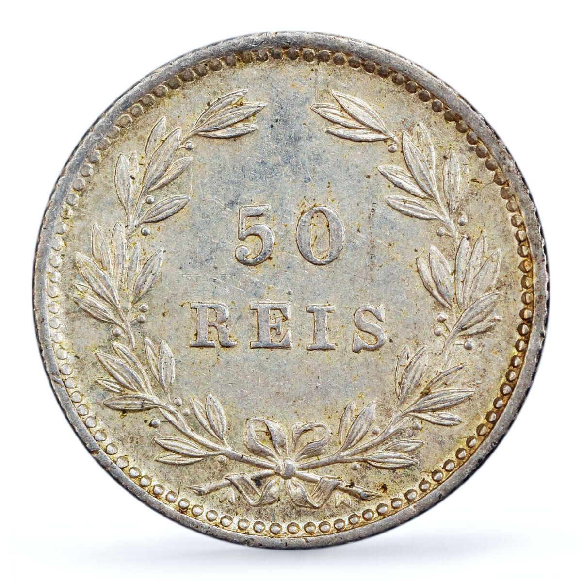ポルトガル 50レイス ルイス1世 貨幣 KM-506.1 MS62 PCGS 銀貨 1889